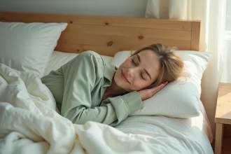 Femme dormant paisiblement dans une chambre minimaliste scandinave pour illustrer un sommeil idéal et une bonne hygiène de vie