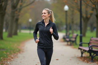 Femme sportive marche dans un parc au printemps