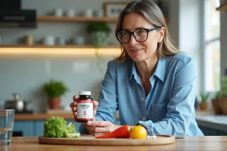Femme examinant une bouteille d omega 369 dans la cuisine