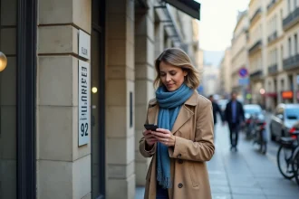 Femme vérifiant son téléphone devant l'entrée de la CPAM Nanterre