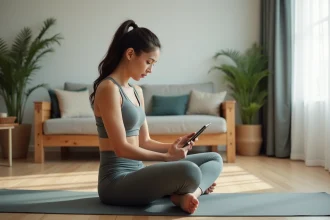 Femme en athleisure sur un tapis de yoga dans un salon lumineux