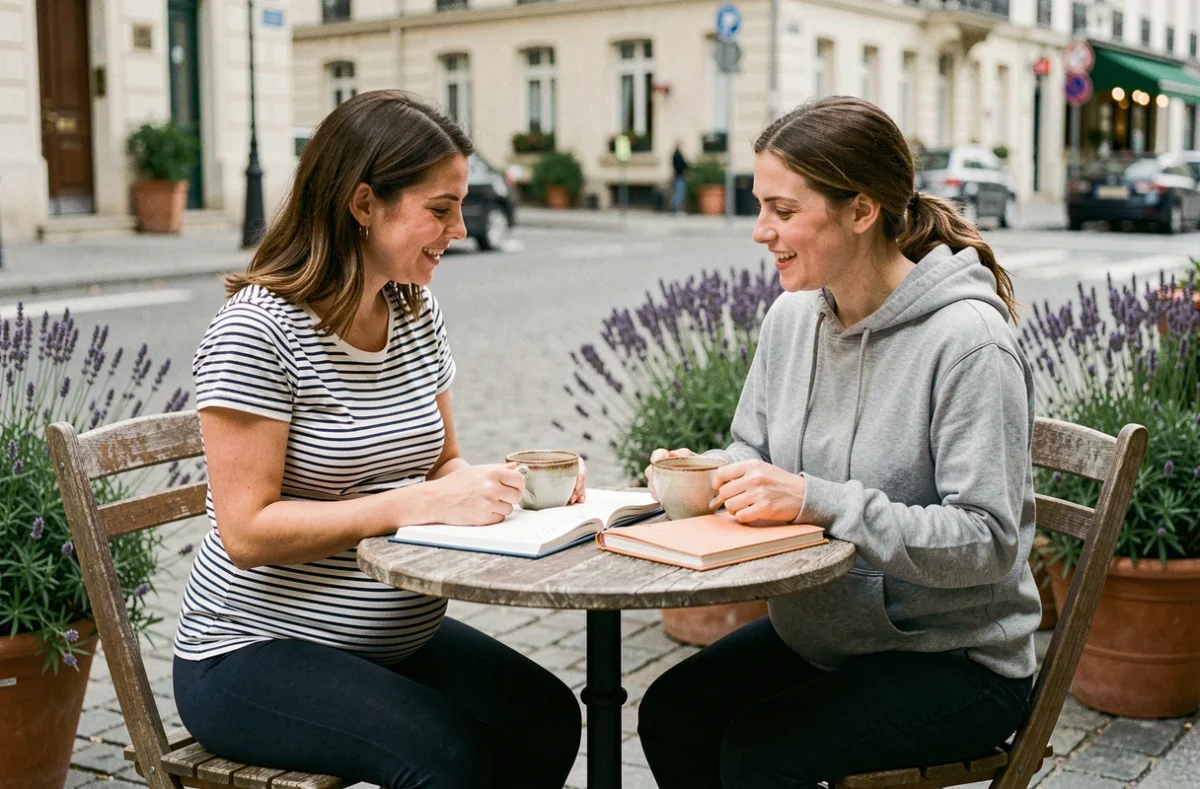 Deux femmes enceintes comparant leurs journaux de grossesse et discutant du calcul de la date prévue d'accouchement dans un café