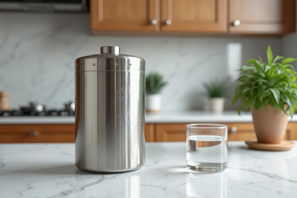 Filtre à eau Berkey en acier inoxydable posé sur un plan de travail en marbre blanc dans une cuisine moderne