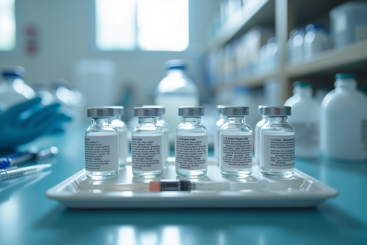 Vials de vaccins préparés sur un plateau en laboratoire propre