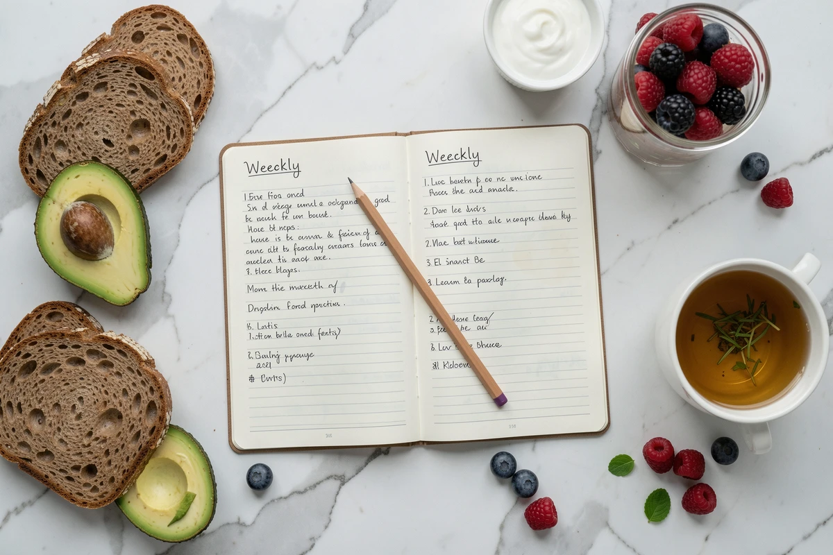 Vue aérienne d'un journal alimentaire hebdomadaire entouré d'aliments sains sur un comptoir en marbre, illustrant les gestes nutritionnels pour réduire les selles mousseuses récurrentes