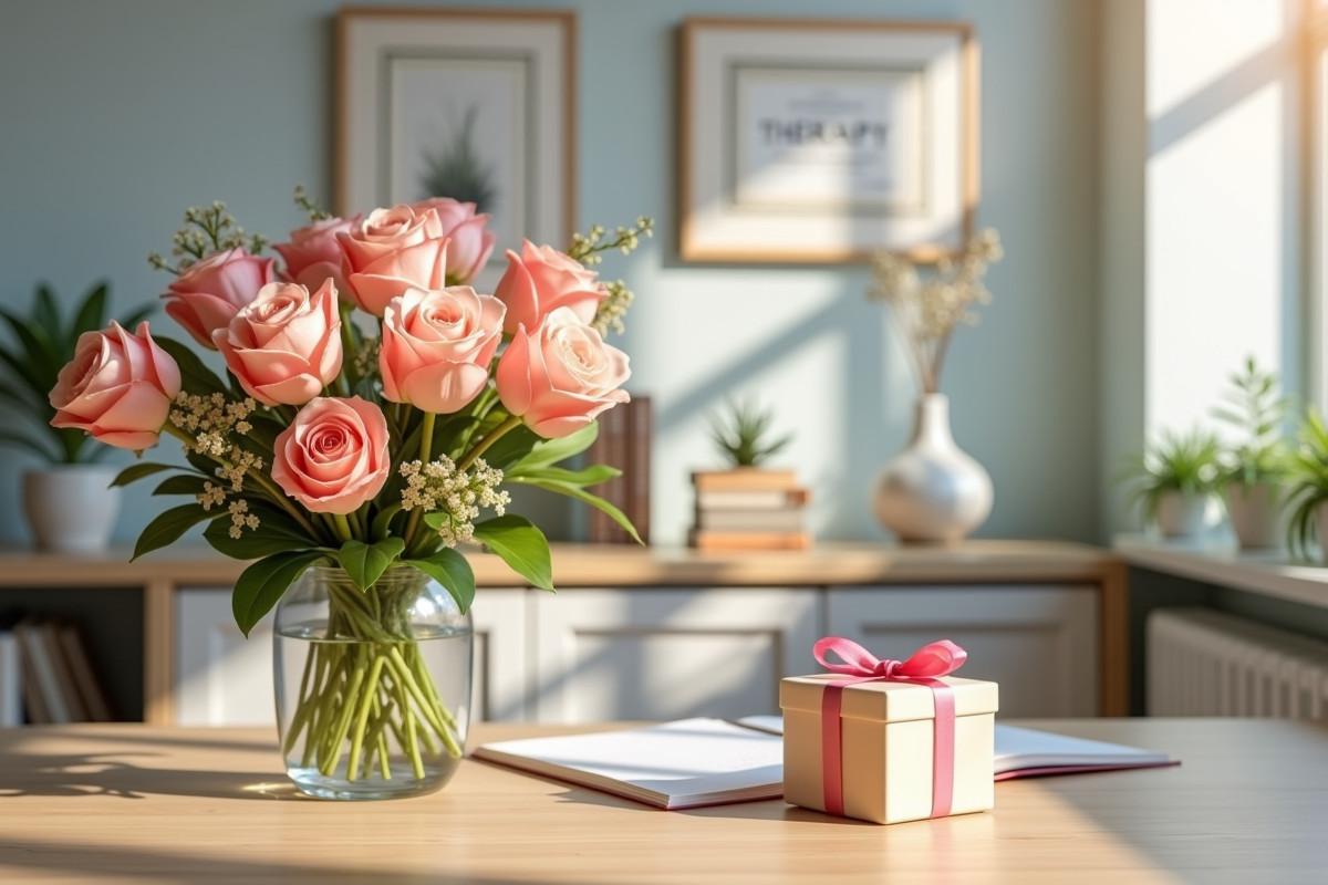 Bouquet de fleurs et petit cadeau sur le bureau d