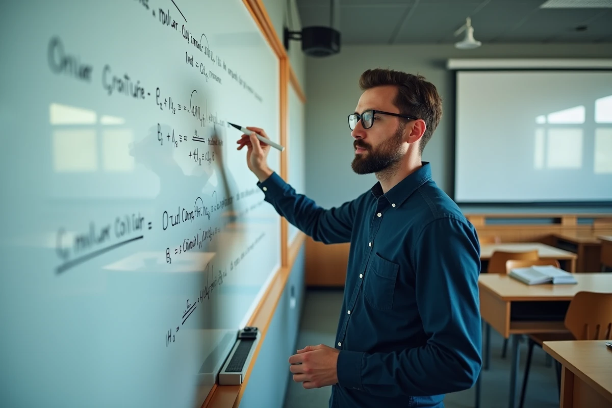 Professeur de chimie expliquant les formules de concentration molaire devant un tableau en salle de cours