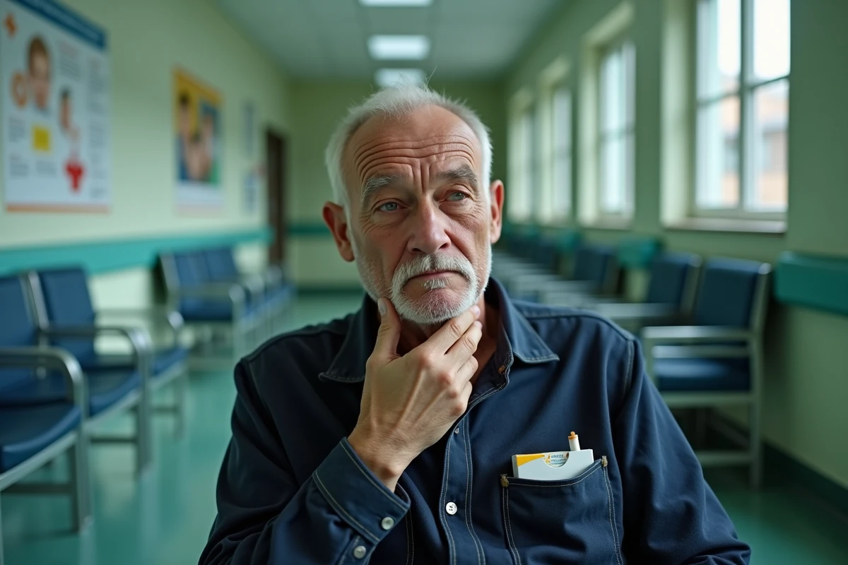 Homme fumeur inquiet dans une salle d'attente hospitalière, main posée sur le côté gauche du cou où un ganglion est perceptible