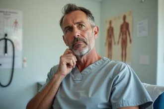 Patient fumeur d'une cinquantaine d'années touchant un ganglion du côté gauche du cou lors d'une consultation médicale