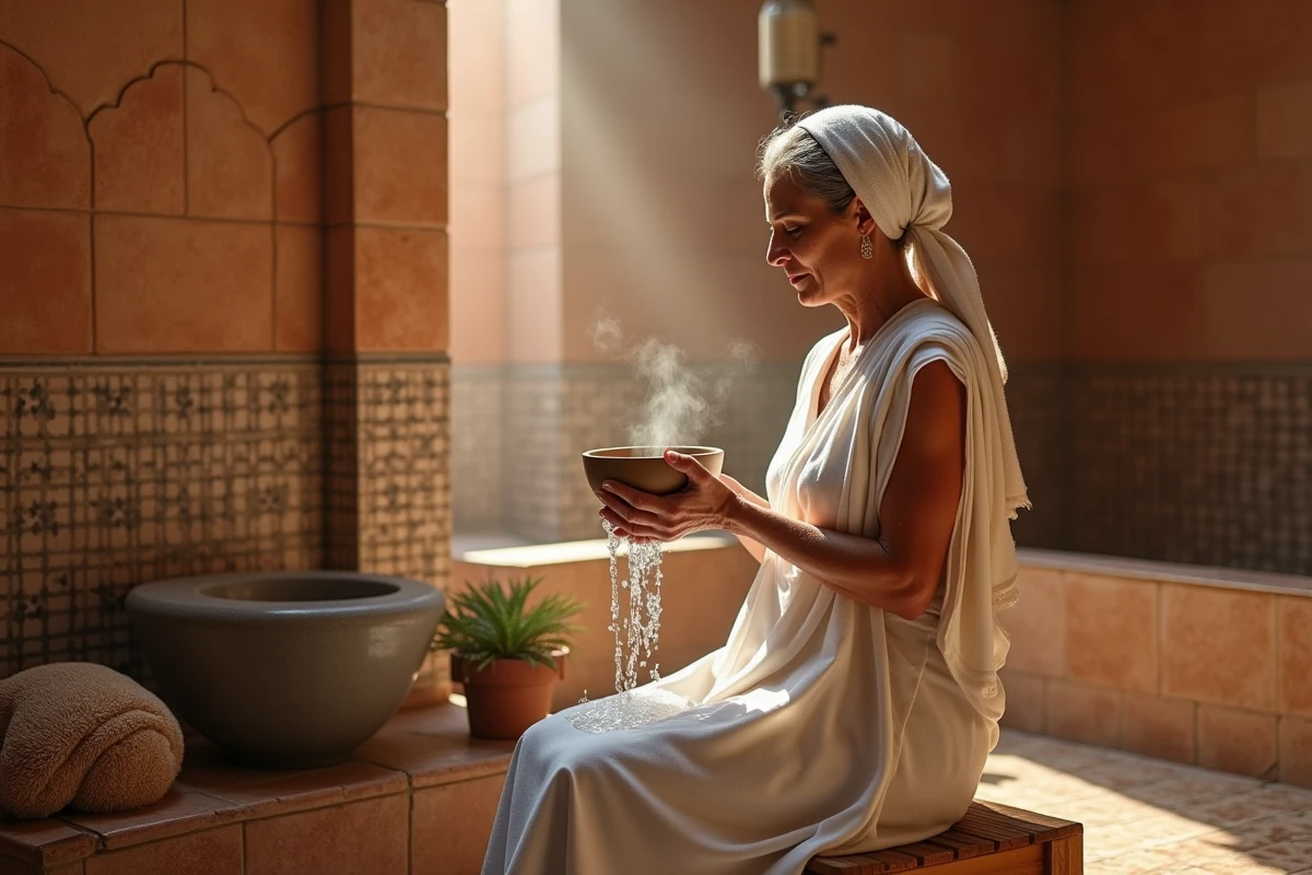 Femme effectuant la grande ablution ghusl dans un hammam traditionnel avec zellige et bassin en pierre, purification islamique féminine