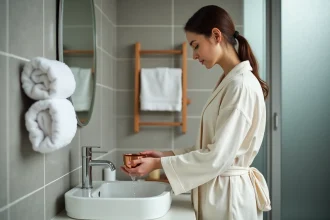 Femme accomplissant la grande ablution islamique avec un récipient d'eau près d'un lavabo blanc, geste rituel du ghusl en détail