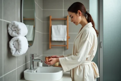 Femme accomplissant la grande ablution islamique avec un récipient d'eau près d'un lavabo blanc, geste rituel du ghusl en détail