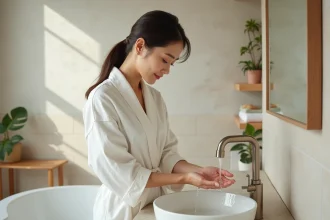 Femme effectuant les grandes ablutions rituelles près d'un bassin en céramique dans une salle de bain apaisante
