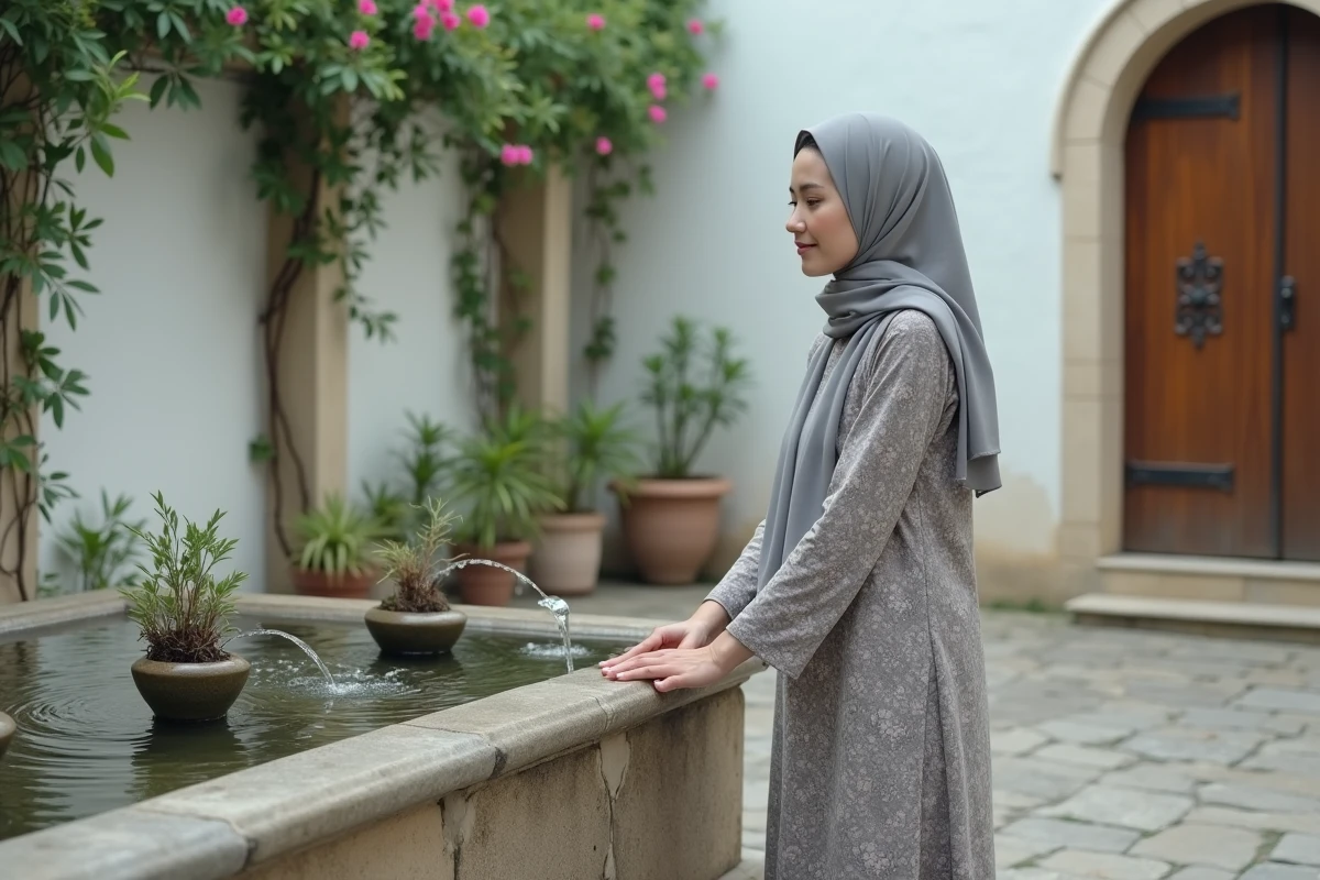 Femme voilée se purifiant à une fontaine extérieure dans une cour de mosquée avant la prière