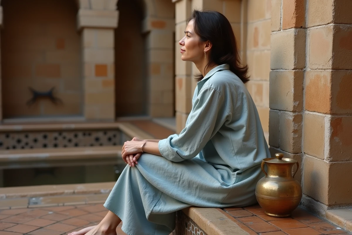 Femme en tenue modeste dans un hammam traditionnel avec aiguière en laiton symbolisant le rituel de purification islamique