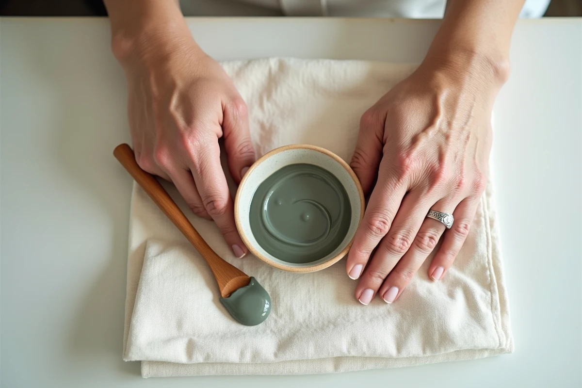 Gros plan sur des mains matures avec de l'argile phytargile concentrée prête à être appliquée
