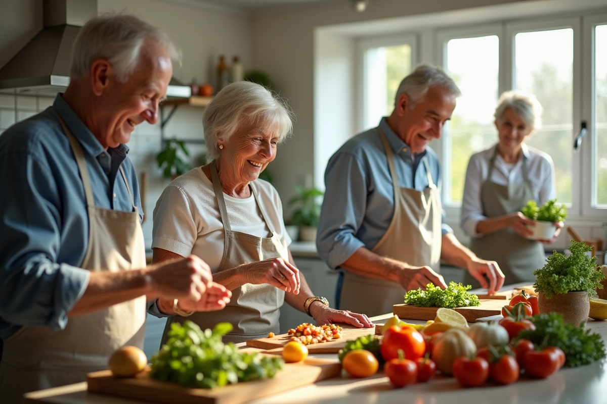 Groupe de personnes âgées préparant un repas sain en cuisine