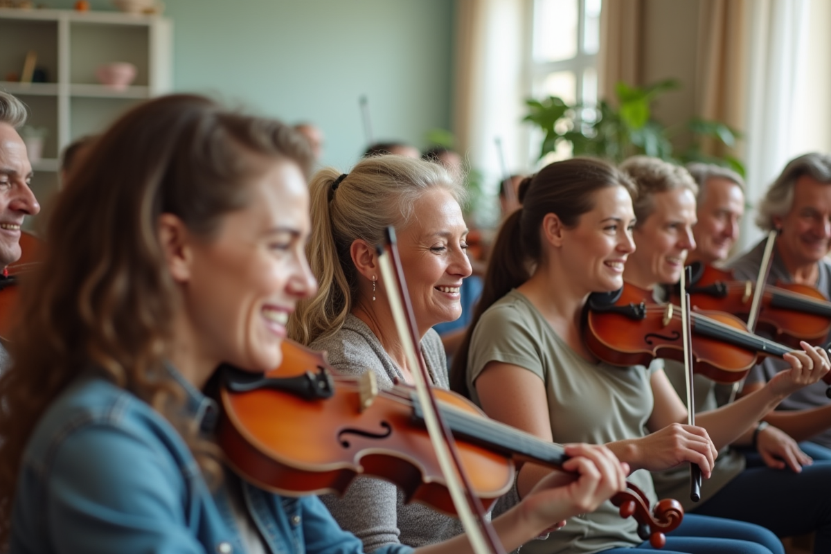 Groupe varié jouant instruments dans studio lumineux