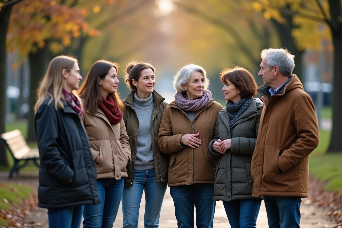 Groupe divers de personnes discutant dans un parc en automne