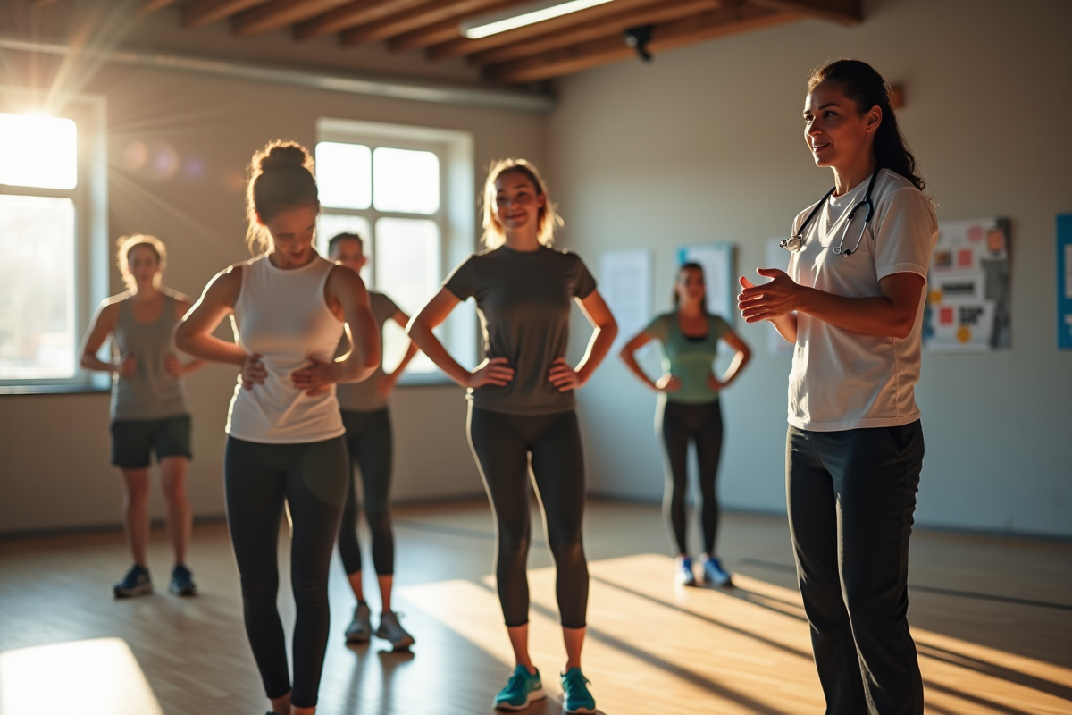 Groupe de fitness divers en salle ensoleillee avec professionnel