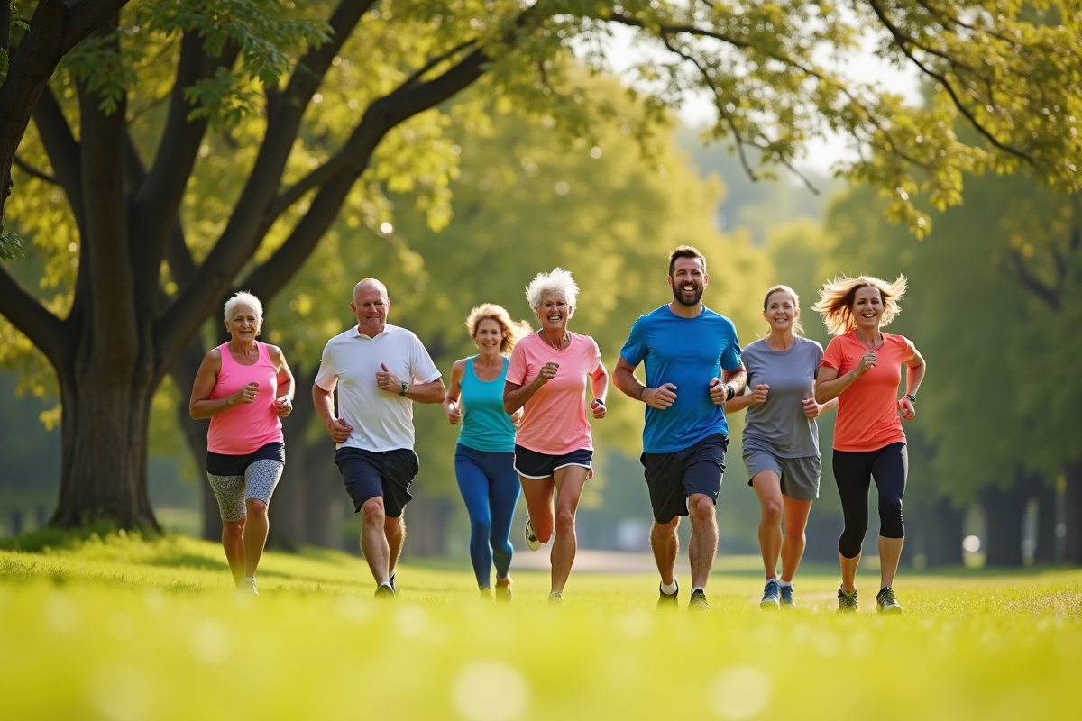 Groupe de personnes faisant du sport dans un parc ensoleille