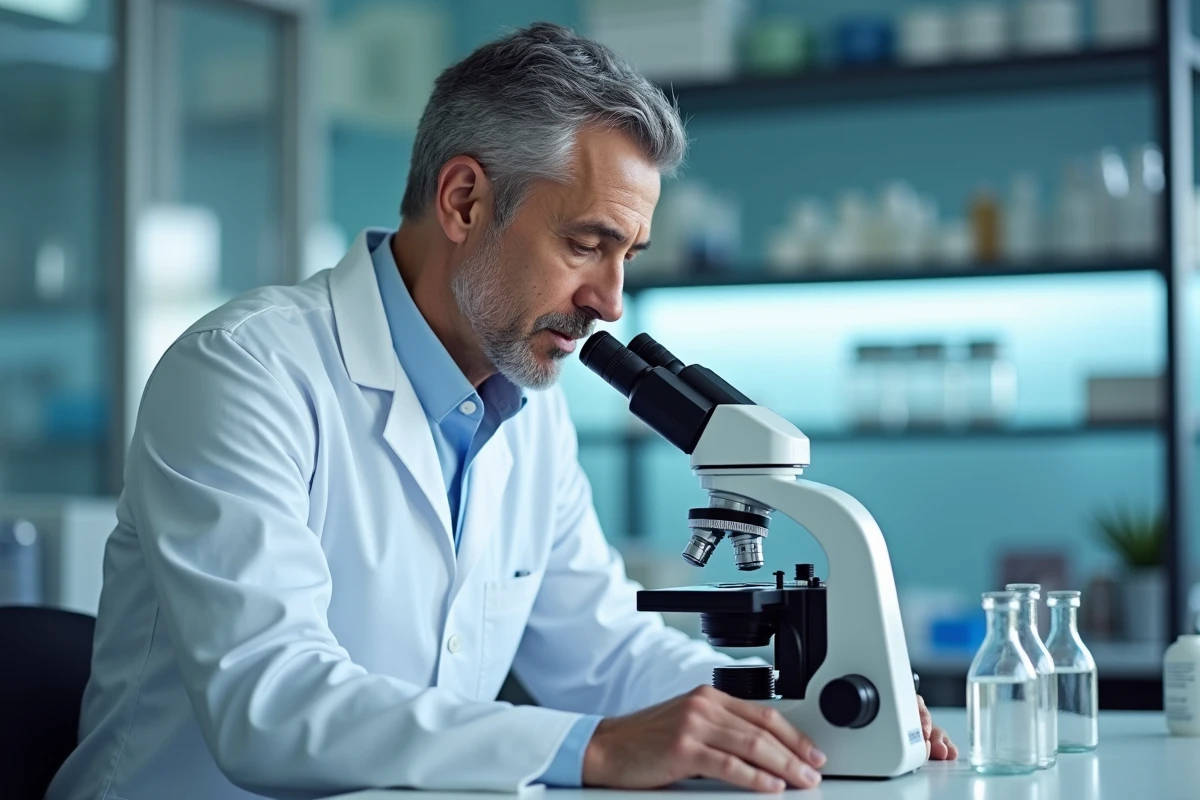 Hématologue examinant un frottis sanguin au microscope pour analyser des globules rouges et le taux TCMH