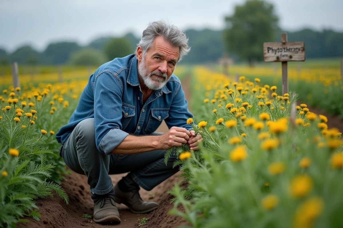 Herboriste inspectant des plantes médicinales en culture biologique dans un jardin de phytothérapie en France