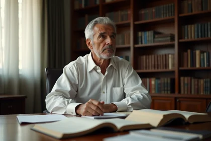 Homme âgé élégant assis à son bureau, regard méditatif, évoquant le combat intérieur face à la maladie