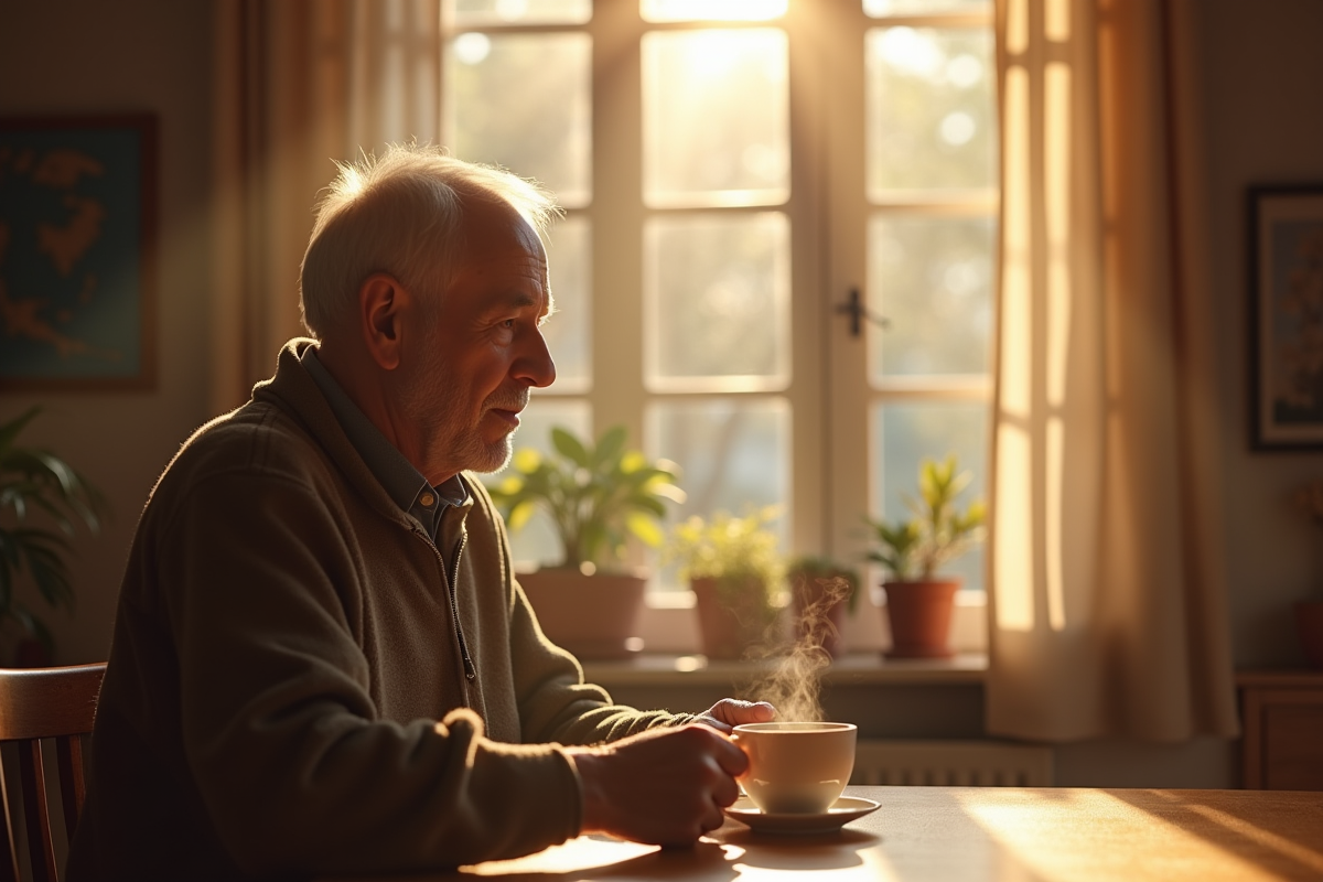 Homme senior seul à la cuisine avec tasse de thé en matinée