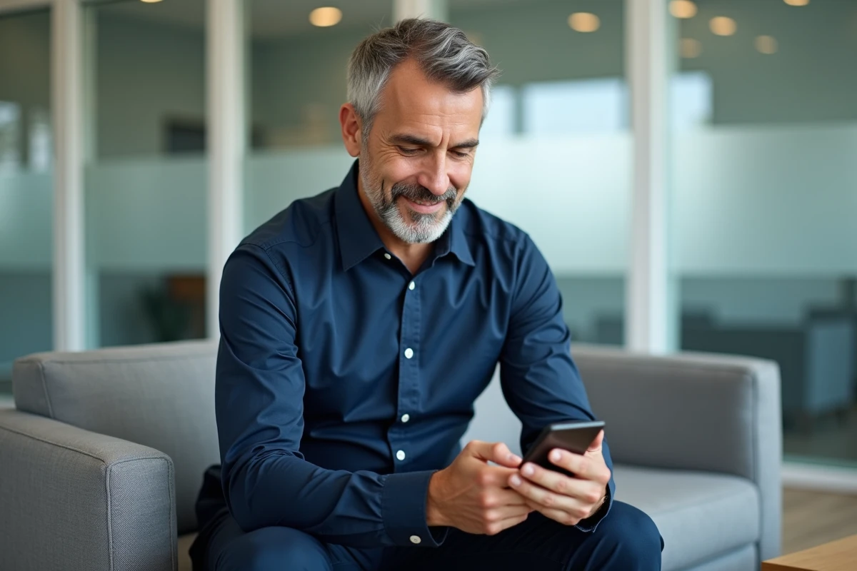 Homme consultant une application de recherche de médecin sur smartphone dans une salle d'attente médicale