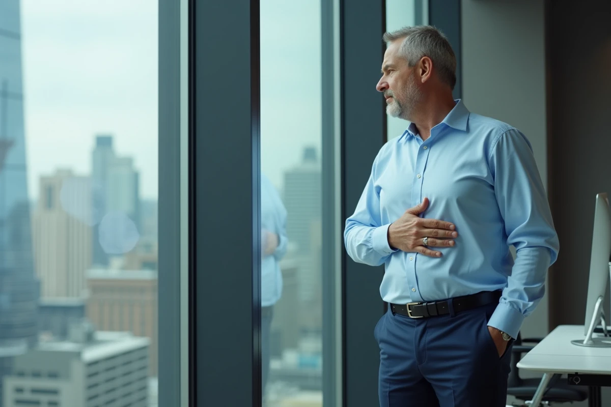 Homme regardant par la fenetre au bureau avec une expression pensive