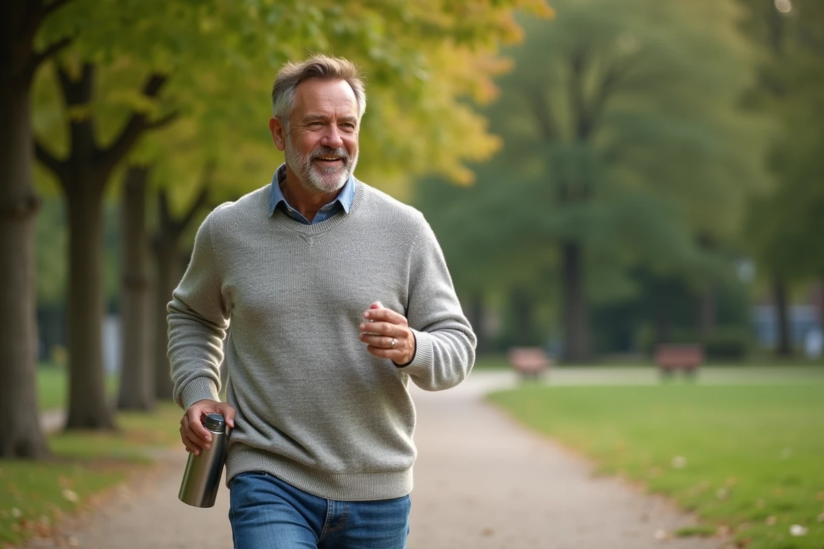 Homme marchant dans un parc avec capsule santé