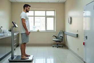 Homme de 40 ans sur une balance médicale professionnelle mesurant son poids à 100 kg dans un cabinet médical moderne
