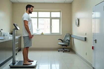 Homme de 40 ans sur une balance médicale professionnelle mesurant son poids à 100 kg dans un cabinet médical moderne