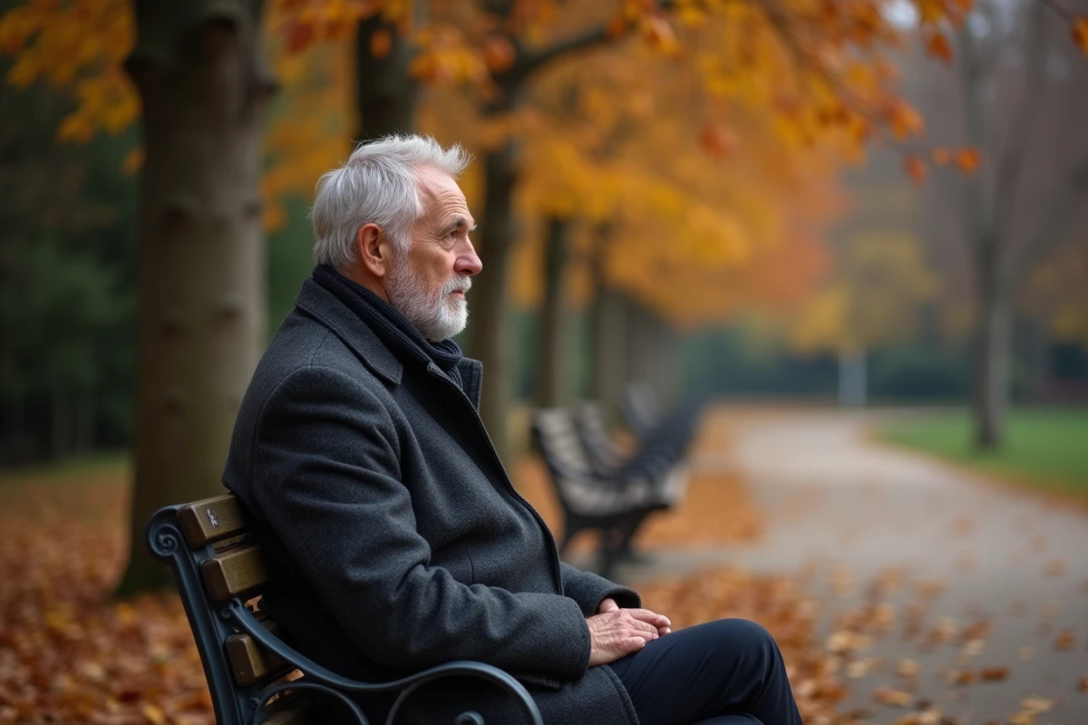 Homme âgé assis seul sur un banc de parc en automne, expression pensive symbolisant la réflexion face au cancer