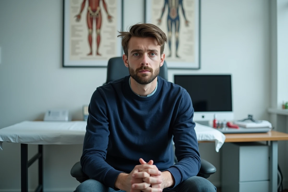 Homme fatigué assis dans un cabinet médical lors d'une consultation pour bilan de fatigue chronique inexpliquée