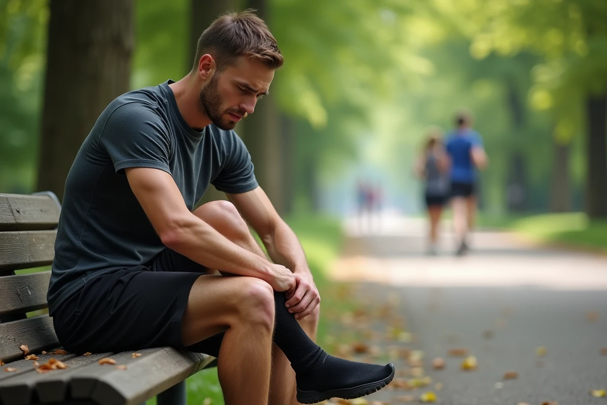 Homme actif assis sur un banc dans un parc en réflexion