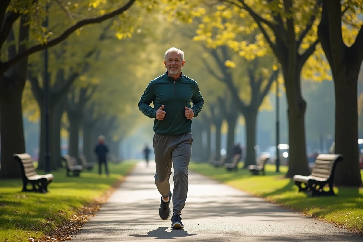 Homme courant dans un parc urbain avec arbres et skyline