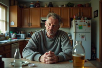 Homme d'âge moyen assis seul à la cuisine avec bouteille vide