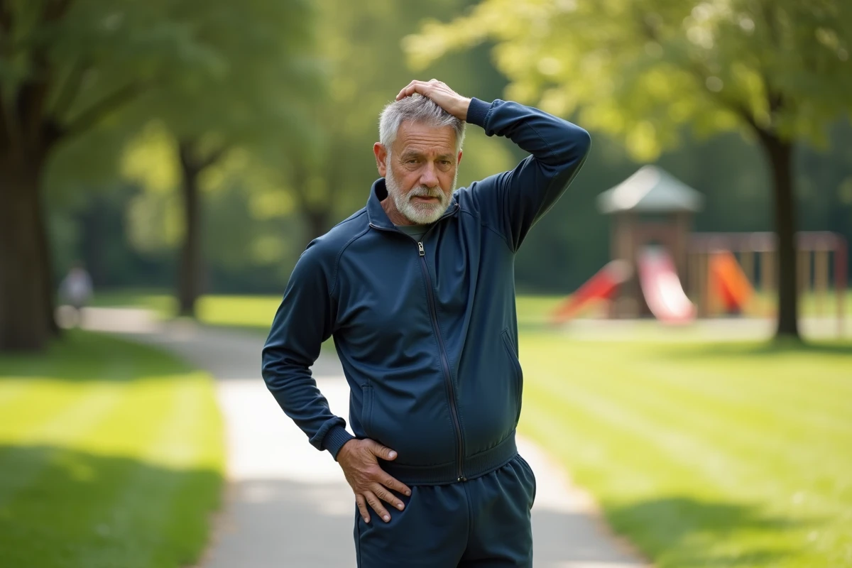 Homme en &eacute;tirement dans un parc pour soulager le dos