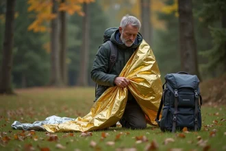 Homme d age moyen en plein air avec couverture d urgence