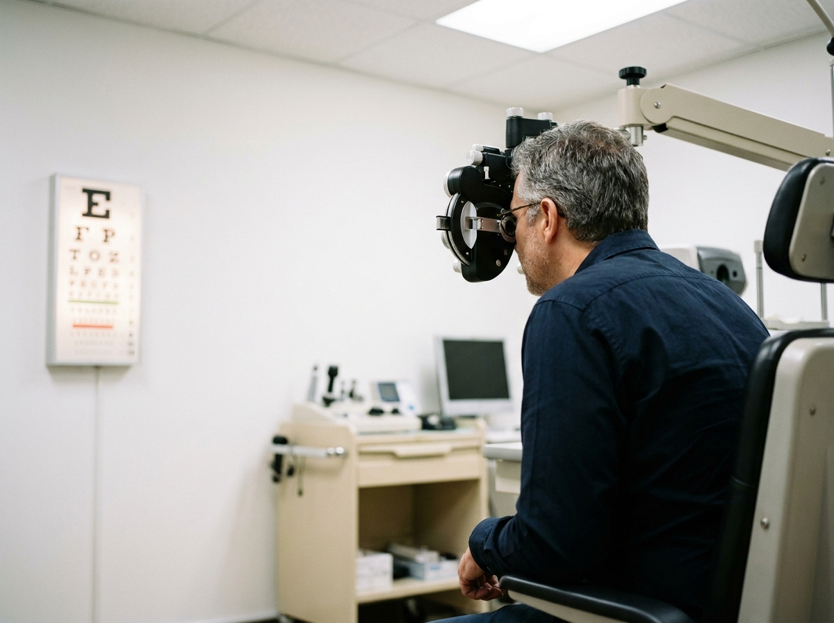 Homme d'âge mûr lors d'un examen de vue chez un opticien avec équipement optométrique moderne