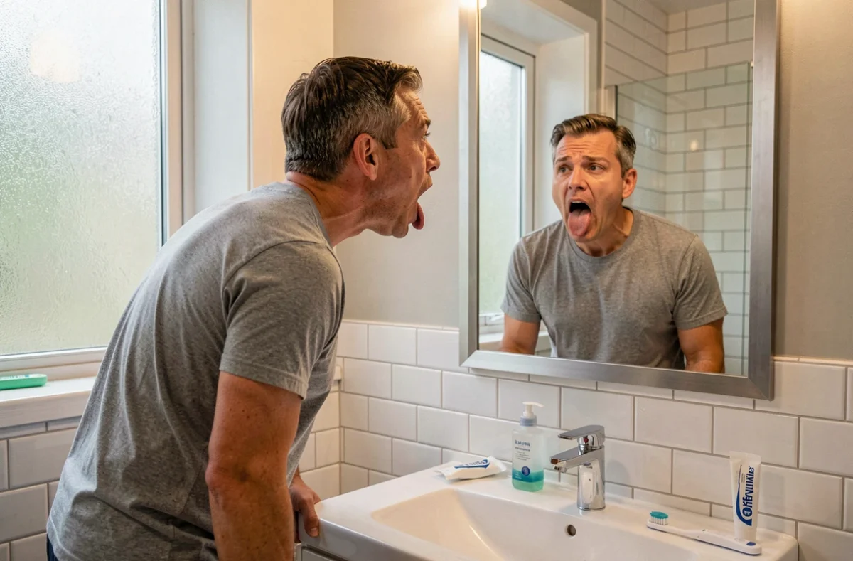 Homme examinant sa langue devant un miroir de salle de bain pour détecter une anomalie ou tache brune