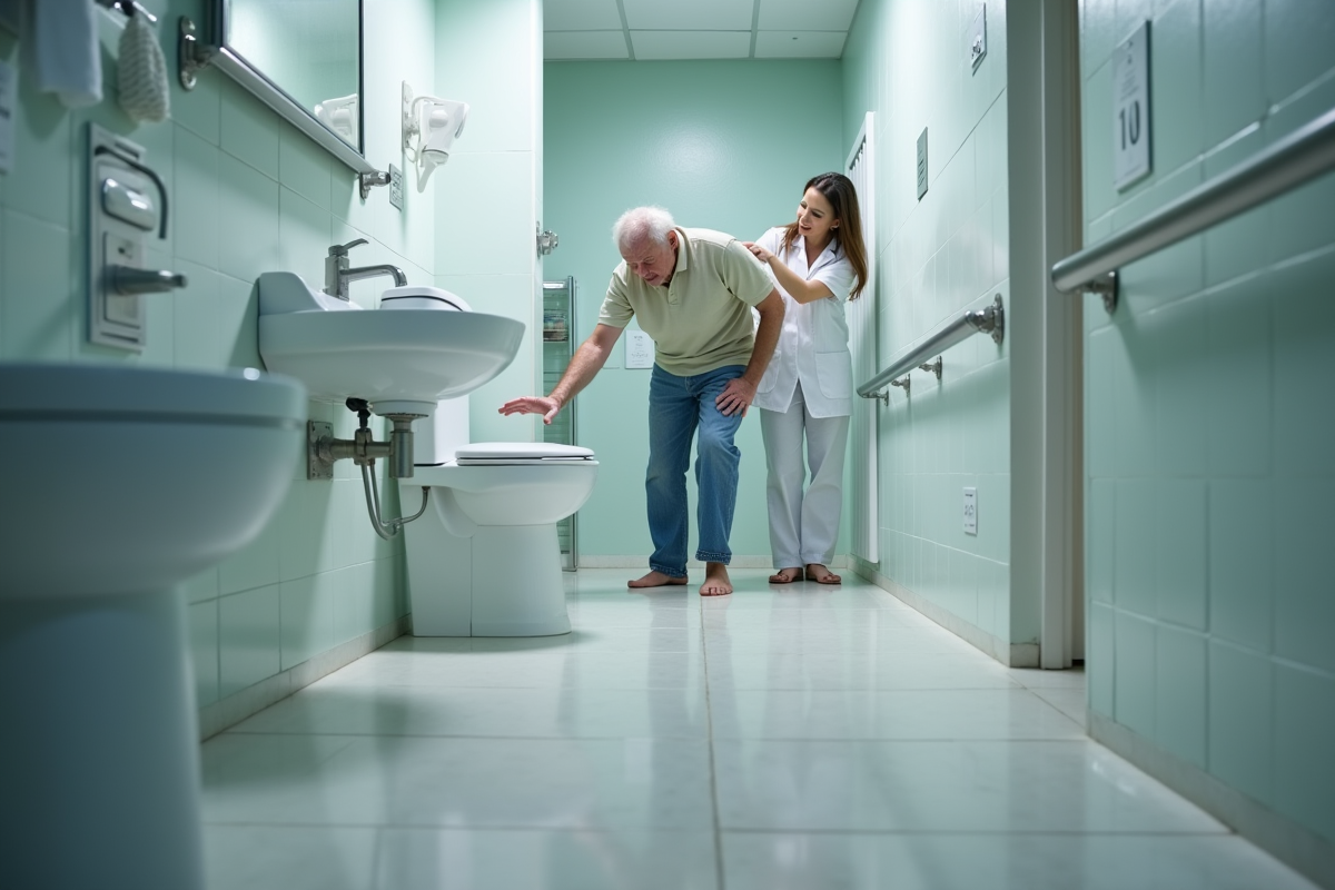 Homme agee glissant dans la salle de bain avec aide d