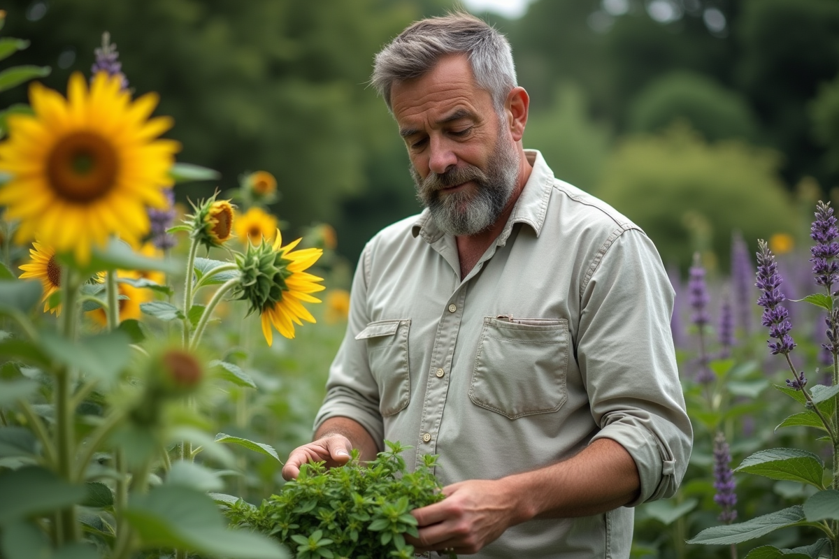 Homme récoltant des herbes fraîches dans un jardin luxuriant