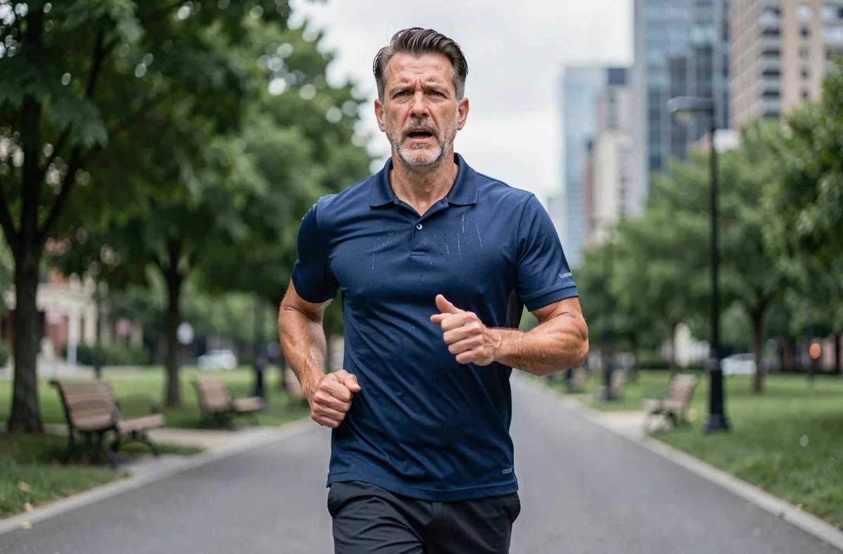 Homme d'âge moyen faisant du jogging en ville pour maintenir une glycémie équilibrée