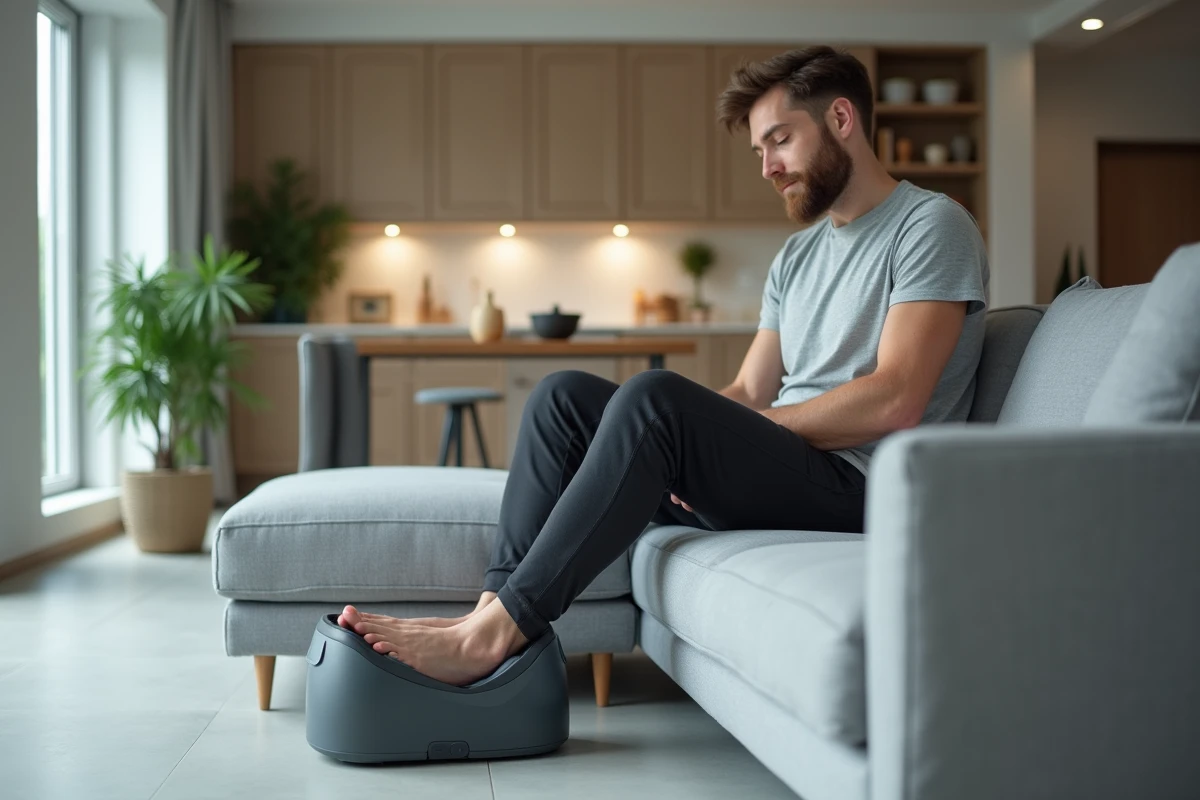 Homme sportif utilisant un masseur de pieds shiatsu après l'effort dans un appartement moderne minimaliste