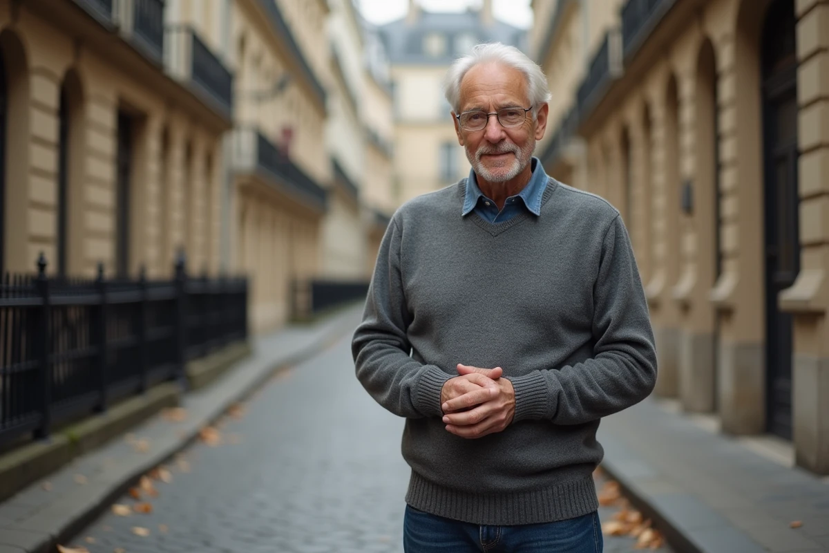 Homme élégant d'âge mûr dans une rue parisienne pavée en automne, expression introspective, symbolisant la résilience face aux fausses rumeurs de santé