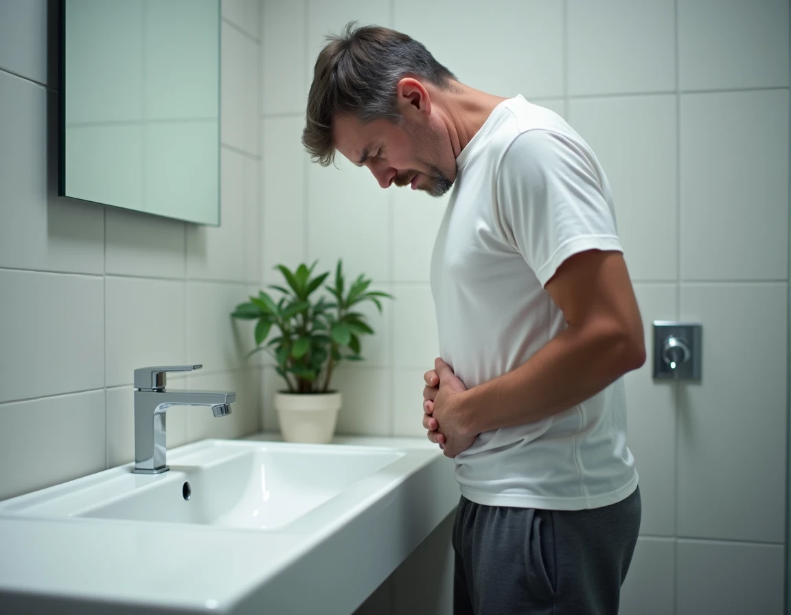Homme nauséeux penché au-dessus d'un lavabo avec douleur ressentie sous les côtes droites