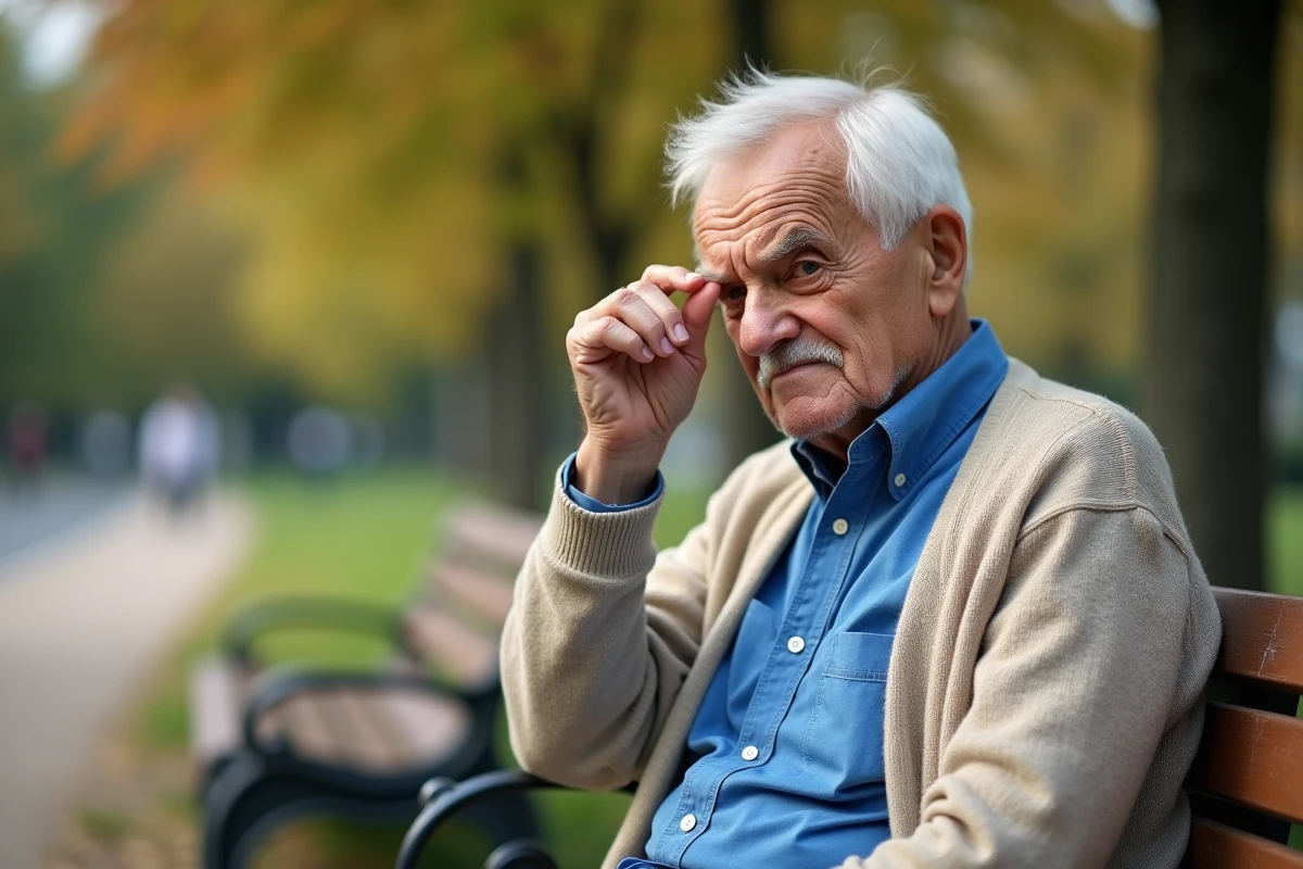 Homme âgé assis sur un banc dans un parc en pensant